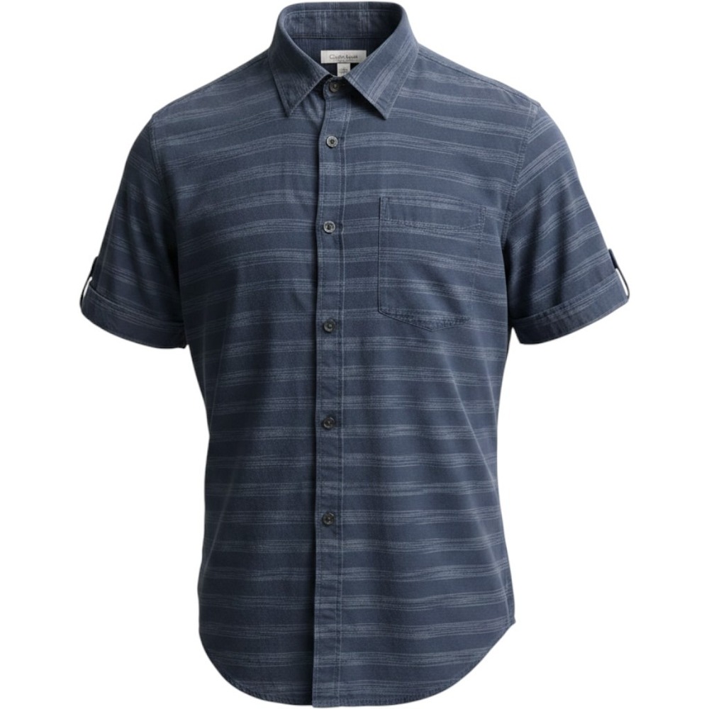 Calvin Klein Button Down Mens Large Short Sleeve Striped Navy Gray Excellent